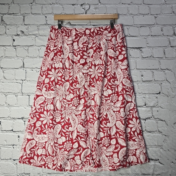 Loft Paisley Button Pull On Midi Skirt Front Silt Tango Red Cotton Blend Size M - Picture 2 of 13